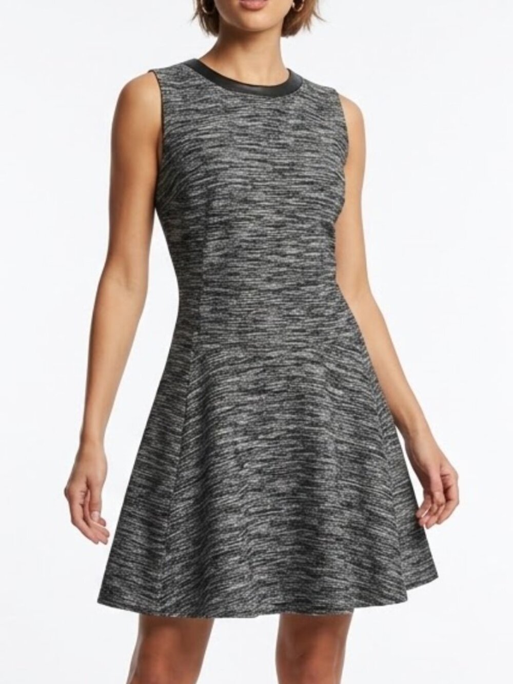 Madewell Tweed Leather Trim Fit Flare Skater Dress 12 Dark Academia Indie Mini